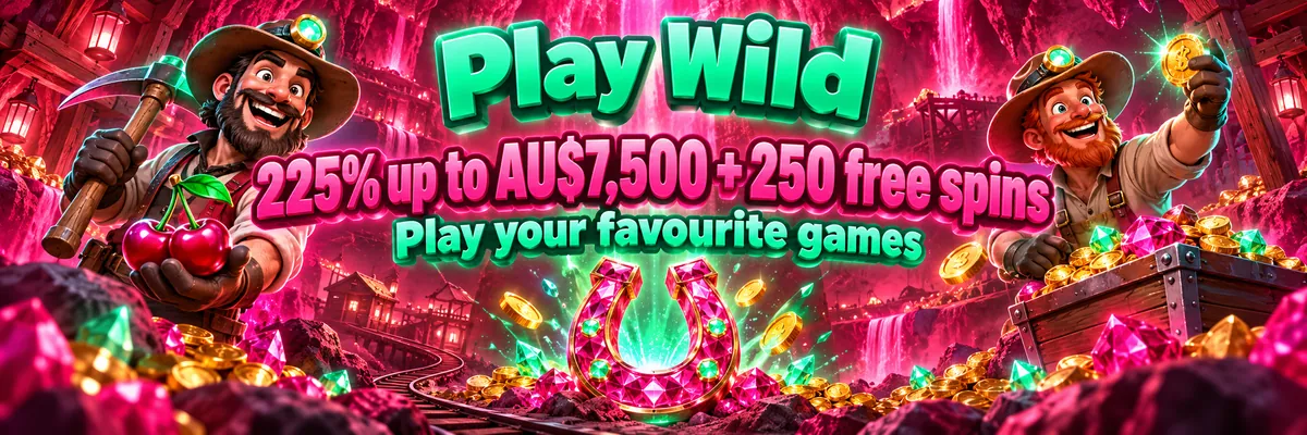 A jovial 3D cartoon miner and a Mexican-inspired character in a sombrero celebrating beside oversized fruit, tools and a glowing horseshoe in a pink and green casino cavern.